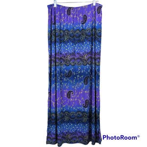 Vintage Susan Lawrence Paisley A-Line Stretch Knit Maxi Skirt Double Split Hem
